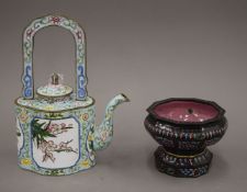 An 18th century Chinese Canton enamel hexagonal footed bowl in the Limoges style and a later Canton