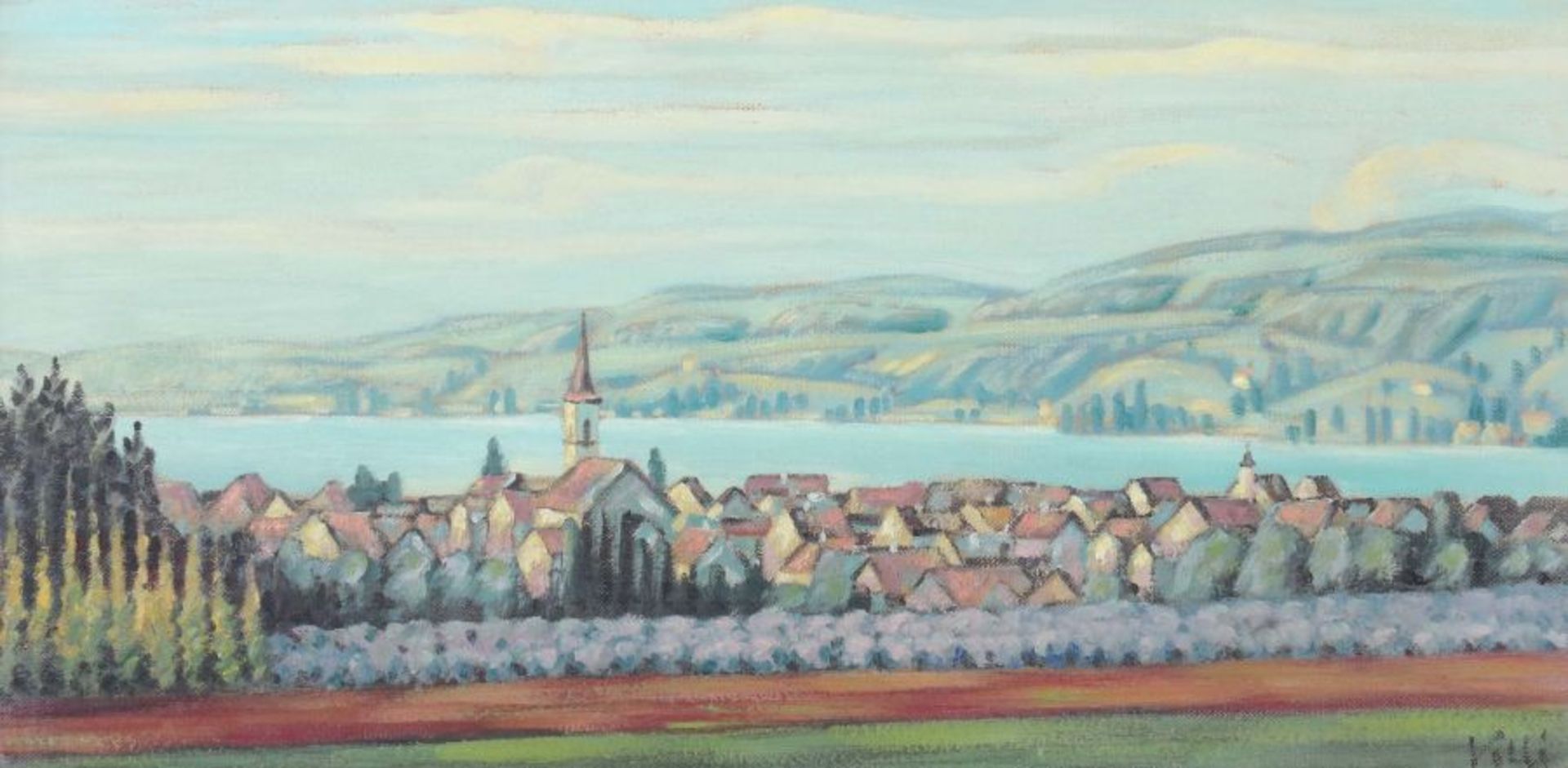 Vollé, Rolf Basel 1901 - 1956 ebenda, schweizer Kunstmaler. "Blick auf Steckborn", stilisierte