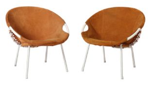 2 Sessel Deutschland, Lusch & Co, 1960er Jahre, weißes Rundmetallgestell, Bezug aus braunem