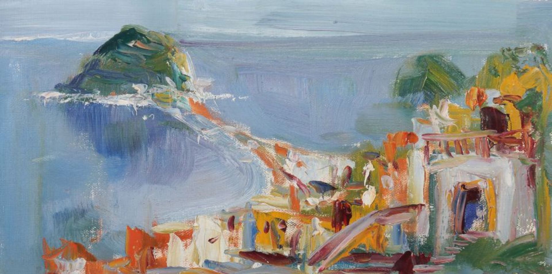 Maler des 20. Jh. "Isola Bella", stilisierte Landschaftsdarstellung, nicht sign., Tempera/