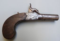Smith of Uttoxeter percussion hammer action pistol with named and engraved lock, stylised dolphin