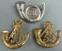 Three British Army Glengarry badges for the 52nd Regiment of Foot, 90th Regiment of Foot and