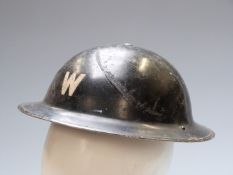 British Home Front warden's steel helmet stamped B.M.R 1939 and hand painted E Flemming B I St