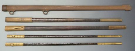 Five sword scabbards, three leather covered and two steel the longest with two sling hoops and