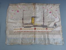 WW2 wool on silk panel of H.M.T Neuralia Red Cross ship, 65 x 58cm, together with two WW1 interest