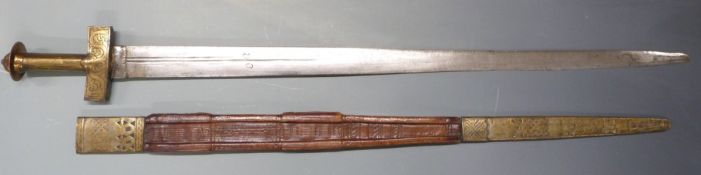 North African Tuareg Takouba sword with double edged straight 31cm blade with central fullers and
