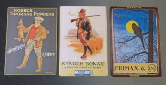 Three modern shotgun cartridge shop display or advertising boards Kynoch Bonax, Kynoch Primaz &
