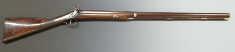 J Catley 12 bore percussion hammer action gun with named lock engraved with bird scene, scrolling
