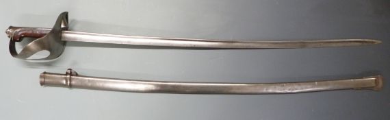 Italian 1871 Cavalry sword with wooden grip and thumb recess to guard, 90cm pipe back blade and