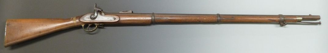 Enfield 1856 pattern percussion hammer action rifle with lock stamped with crown over 'VR' cypher