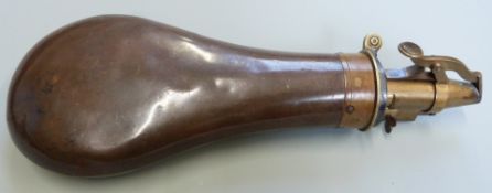 Copper and brass powder flask with nozzle marked M Marsh Sheffield and body stamped Bartram & Co,