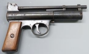Webley Mark I .177 air pistol with maker's logo inset to the wooden grips and adjustable sights