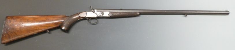 E M Reilly .380 hammer action rook rifle with chequered semi-pistol grip and forend, carved horn