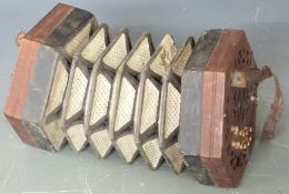 Lachenal Anglo concertina with 20 bone keys, wooden fretworked ends and five-fold bellows, serial no