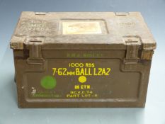 7.62mm metal ammunition box dated 1956 with folding handles, 45 x 27 x 26cm.