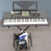 Yamaha PSR-330 digital keyboard and display, with adjustable stand, microphones and accessories