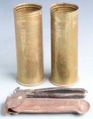 WW1 wire cutter by Beauchamp of London with leather case with two trench art shell cases