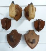 A pair of taxidermy deer slot/ hoof coat hooks / gun rack together with four wooden hooks on