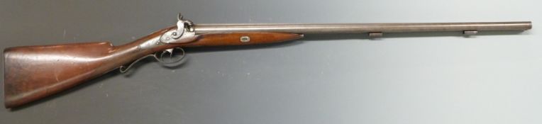 20 bore side by side percussion hammer action gun with stepped locks engraved with birds amongst
