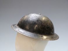 British WW2 Home Front steel helmet R painted over older ARP decals, remnants of old paper label