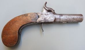 Unnamed 40 bore percussion hammer action pistol with engraved locks, vacant diamond shaped wrist