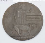 British Army WW1 Officer's Memorial Plaque / Death Penny for Norman Steel, Gloucestershire Regiment.