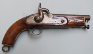 Percussion hammer action sea service or coastguard style pistol with captive ramrod, brass trigger