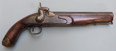 Percussion hammer action pistol with lock stamped 'Tower', brass trigger guard, butt cap and mounts,