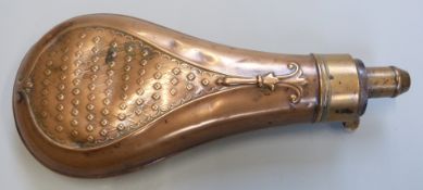 G & JW Hawksley copper and brass powder flask with embossed decoration, 20cm long