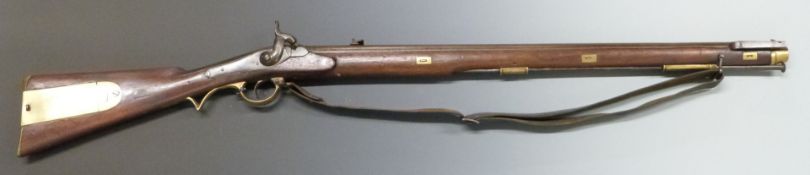 Percussion hammer action Brunswick rifle with brass trigger guard, butt plate, mounts and patch box,