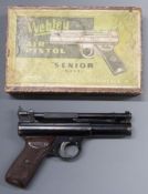 Webley Senior .177 air pistol with named and chequered Bakelite grips and adjustable sights,