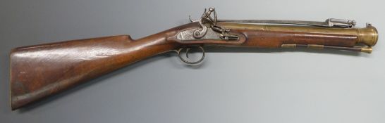 W Ketland & Co flintlock hammer action blunderbuss with sprung bayonet, named and engraved lock,