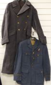 Royal Air Force greatcoat and tunic with navigator's badge, together with a tropical issue tunic