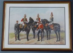 Five framed military prints including 'Blues and Royals', two pictures taken from 'Boys Own