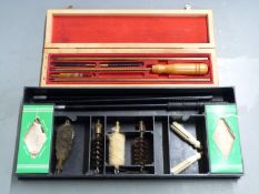 Parker Hale shotgun cleaning kit together with a rifle cleaning kit in fitted wooden box and a