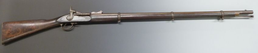 H Dickinson 3-band percussion hammer action Snider rifle with crown engraved to the named lock,
