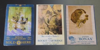 Three modern shotgun cartridge shop display or advertising boards, two Kynoch Bonax and one Eley