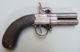 English double barrelled over and under percussion hammer action pistol with engraved lock,