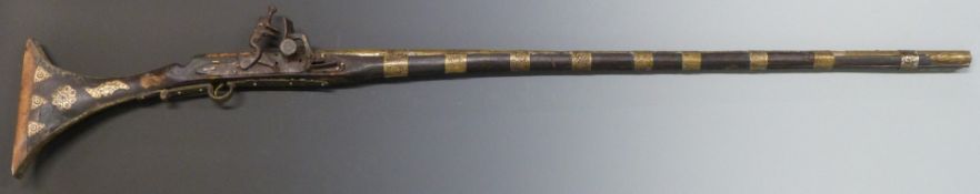Turkish, Ottoman or Middle Eastern flintlock jezail or similar gun with inlaid bone decoration,