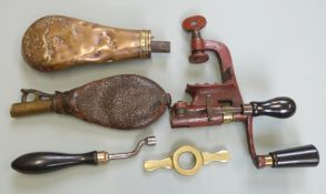 G & J W Hawksley 12 bore shotgun cartridge rollover tool together with a nipple key, a brass