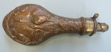 G & JW Hawksley copper and brass powder flask with embossed scrolling decoration around birds,