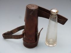 Hallmarked silver mounted glass hunting flask in fitted leather case, Thomas Willmore Birmingham