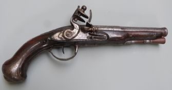 Antoine Dumarest flintlock hammer action coat pistol with signed lock, engraved hammer, inset silver