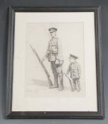 Drawing of a soldier of the Leicestershire Regiment with his son 'One Day Dad', signed R A