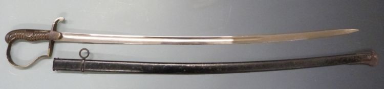 Imperial German stirrup hilt sword, WK & Co to 83cm fullered blade, with scabbard. PLEASE NOTE ALL