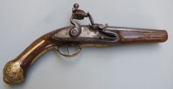 Private purchase or officer's flintlock pistol with embossed brass butt cap, trigger guard and wrist