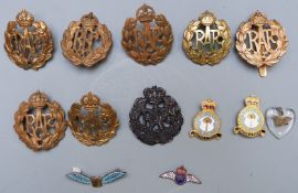 Thirteen Royal Air Force badges including a Royal Flying Corps example