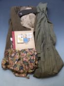 American Army female uniform etc comprising wool overcoat, rain coat, blouse, hat, tie, buttons,