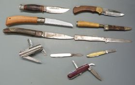Ten pocket and hunting knives including an Opinel saw blade and a multi-tool example. PLEASE NOTE