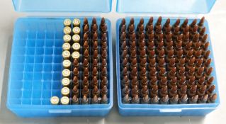 One-hundred-and-thirty-five .223 rifle cartridges, in two plastic ammunition cases. PLEASE NOTE THAT